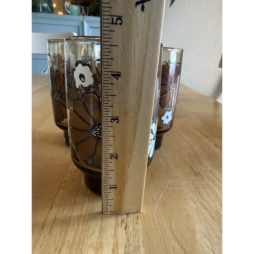 Camellia By Tawney Glasses Tumbler Libbey Brown Floral Retro, MCM (3), EUC - Picture 5 of 6